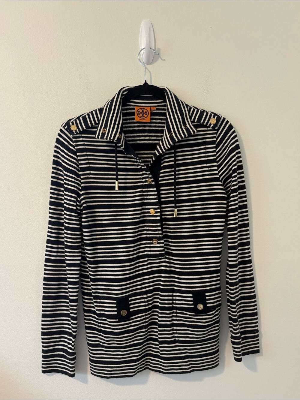 Tory‎ Burch Striped Cotton And Modal Quarter Button Up XS